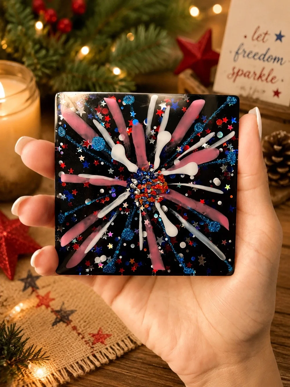 Patriotic Fireworks Glass Coasters - Red White Blue (Set of 4)